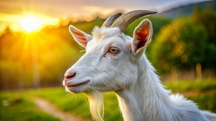 Obraz premium Close-up Profile Portrait of a White Goat on a Farm - Drone Photography