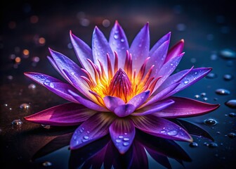 Close-up Purple Water Lily Bloom in Low Light, Night Photography