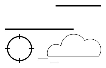Cloud icon, target with crosshair, and various horizontal lines. Ideal for weather, precision, alignment, digital interface, simplicity design abstract themes. Line metaphor