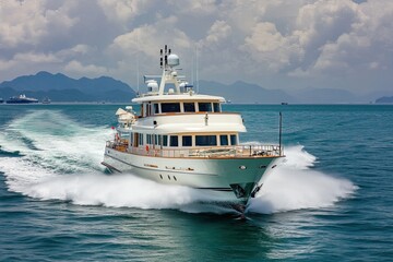 Luxury yacht cruising through calm waters.