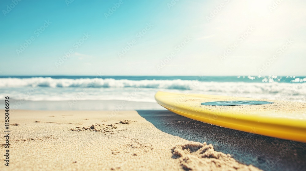Poster a pristine surfboard setup with neatly placed wax and a clean board beside the ocean, a sunny beach 