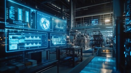 Fototapeta premium Futuristic factory control room with digital displays showing data analysis and global monitoring.