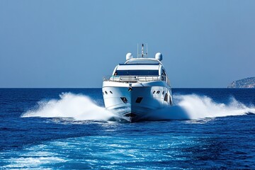 Luxury yacht cruising through clear blue waters.