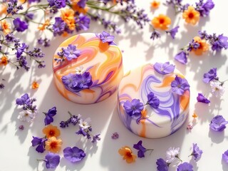 Organic lavender orange soap flowers, white backdrop.