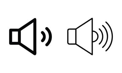 Speaker with Sound Waves Icon Pair, Two black-and-white speaker icons with varying sound wave designs, ideal for audio, volume control, and multimedia applications.
