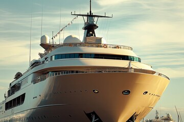 Naklejka premium Luxury yacht docked at marina under a clear sky.