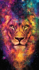A vibrant, colorful depiction of a lion's face against a cosmic background.