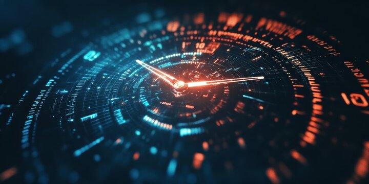 A futuristic clock design with glowing elements in a circular pattern.