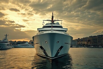 Luxury yacht docked at sunset with city backdrop.