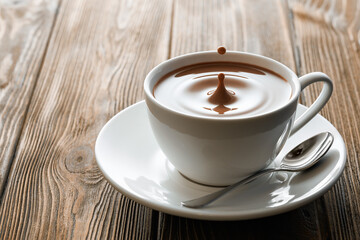 hot chocolate with splash and drop in cup on saucer on table