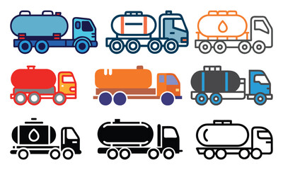 Colorful Tanker Truck Vector Icon Set, Nine colorful vector icons of tanker trucks featuring diverse designs and styles, ideal for transportation, fuel, and industrial themes.
