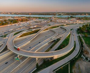 Aerial view of complex highway interchange, border crossing, and city.  US CUSTOMS AND BORDER...