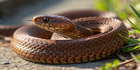 Fototapeta premium Coiled Brown Snake, High-Detail Close-Up, Reptile, Wildlife, Nature Photography