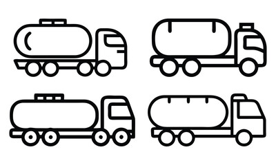 Tanker Truck Vector Icon Set, Four vector icons of tanker trucks in outline style, ideal for transportation, logistics, fuel, or industrial-themed designs.

