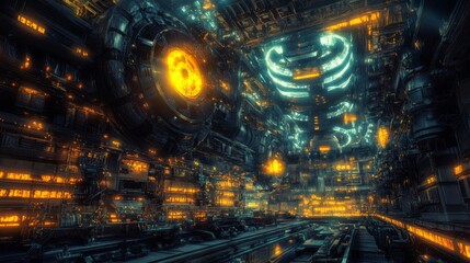 Futuristic industrial interior with glowing lights and complex machinery.