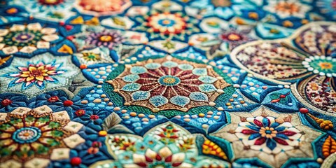 Fototapeta premium Cold-toned Geometric Floral Fabric & Paper Pattern, High-Depth-of-Field Mosaic Design