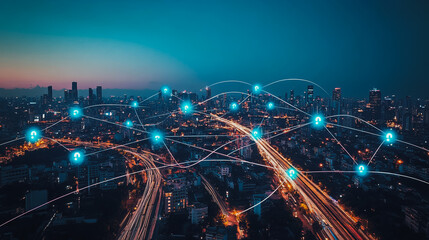Smart digital city with connection cyber security network reciprocity over the cityscape . future smart wireless digital city and social media networking systems that connects people within the city