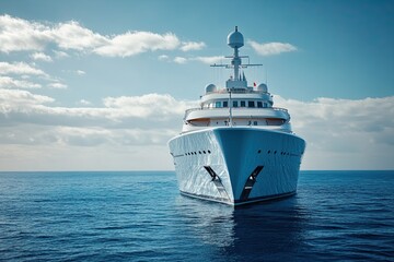 Luxury yacht navigating calm ocean waters under a blue sky.