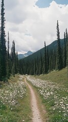 Fototapeta premium A serene trail through a lush valley surrounded by tall trees and mountains under a cloudy sky.