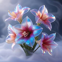 Fototapeta premium A beautiful spectrum of Alstroemerias flowers with delicate, translucent petals illuminated by soft light. Created with generative AI