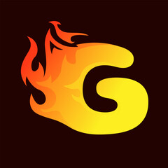 G letter on fire. Blazing or burning G logo for gamers and streamers or maybe for a restaurant that starts with G. Orange flames going out from the alphabet illustration