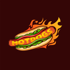 Hotdog vector with delicious sauces on top ketchup and mustard. Hot and playful character illustration. can use for quick service restaurants or a cafe or hot dog stand as a logo or graphic element.