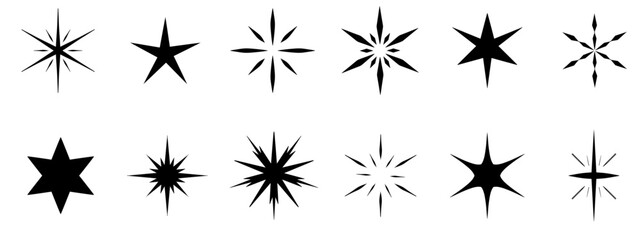 Set of diverse stars. Glow and glitter effects collection. hand drawn sketch sparkle star shine icons. Design elements isolated on background
