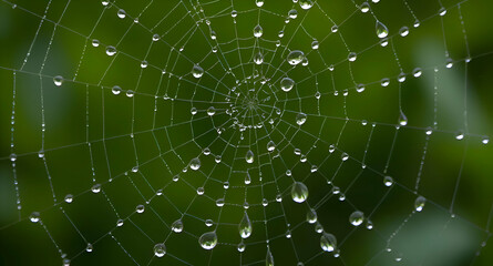 Naklejka premium Morning Dew on Spiderweb with Natural Green Bokeh Background