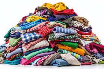 Colorful Clothing Pile, Fashion Apparel Heap, White Background, Textile Stack, Garment Collection