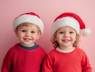 Festive Cheer of Smiling Young Boys Dressed in Santa Costumes