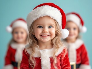 Smiling Blonde Girl in Santa Costume on Pastel Christmas Background