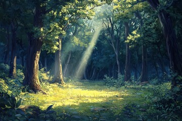 Obraz premium Sunbeams illuminate a lush forest clearing.