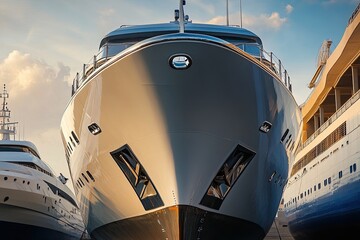 Luxury yachts docked in a marina at sunset.