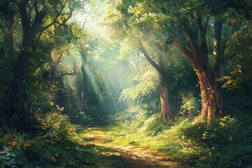 Obraz premium Sunlit path through lush green forest with butterfly.