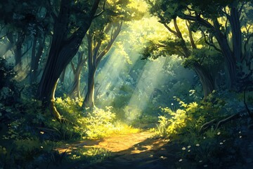 Naklejka premium Sunbeams illuminate a path through a lush, green forest.