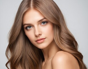 Fototapeta premium Portrait of a beautiful young woman with clean, fresh skin and long, thick hair. ai generator