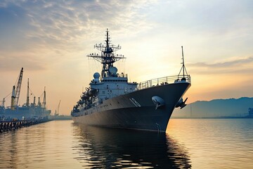 Obraz premium Military ship docked at sunset near industrial area.