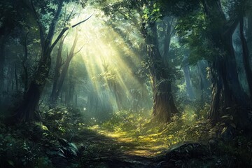 Obraz premium Sunbeams illuminate a mystical forest path. (2)