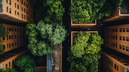 Aerial view of a green city with buildings and trees