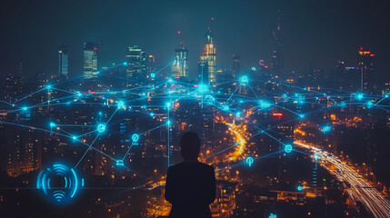 Fototapeta premium Smart digital city with connection cyber security network reciprocity over the cityscape . future smart wireless digital city and social media networking systems that connects people within the city