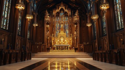 Obraz premium A focused view of the Chapel of the Constables, highlighting the ornate carvings, glowing stained glass, and golden accents on the altar