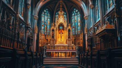 Fototapeta premium A focused view of the Chapel of the Constables, highlighting the ornate carvings, glowing stained glass, and golden accents on the altar