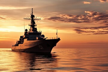 Obraz premium Naval ship navigating at sunset on calm waters.