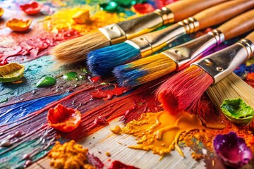 Fototapeta premium Colorful Paintbrush and Paint Explosion, Artistic Mess, Creative Studio Still Life