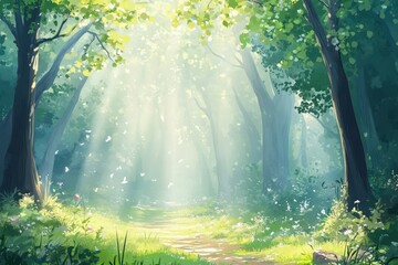 Sunbeams illuminate a magical forest path. (3)