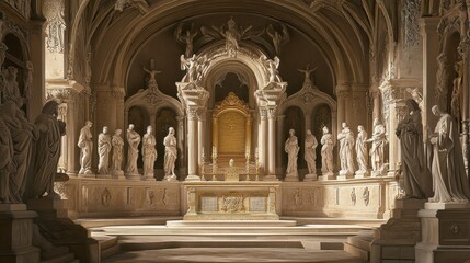 Obraz premium An artistic view of the Chapel of the Constables, featuring its golden altar surrounded by finely carved stone statues and Gothic details