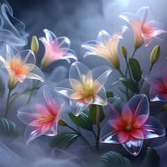 A beautiful spectrum of Alstroemerias flowers with delicate, translucent petals illuminated by soft light. Created with generative AI