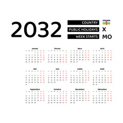 Calendar 2032 French language with Central African Republic public holidays. Week starts from Monday. Graphic design vector illustration.