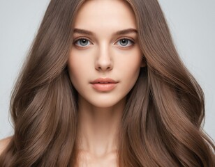 Fototapeta premium Portrait of a beautiful young woman with clean, fresh skin and long, thick hair. ai generator