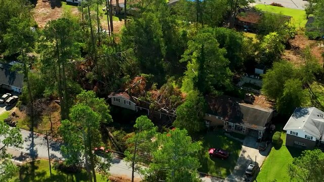 Drone footage showing the aftermath of hurricane Helene around Augusta, Georgia on a sunny day